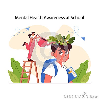Pedagogy. Students' mental health awareness in school. Children upbringing Cartoon Illustration