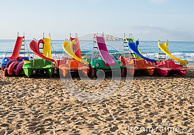 Pedal boats on Benidorm beach Stock Photo