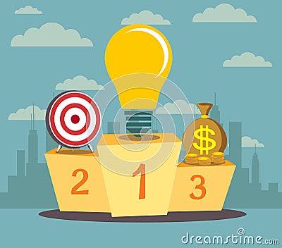 Pedestal with a light bulb in the first place symbolizing the power of the idea. Vector Illustration