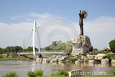 Pedestrian bridge and the keeper of plains Wichita Kansas view Editorial Stock Photo