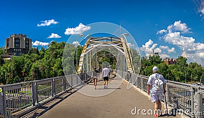 Pedestrian bridge to the monastery island in Dnipro, Ukraine Editorial Stock Photo