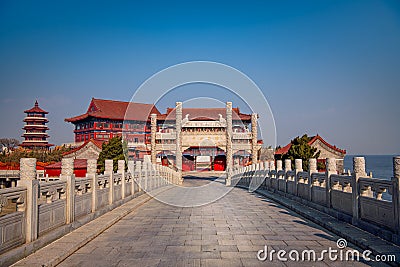 Pedestrian Bridge to the Penglai pavilion, Yantai, China Stock Photo