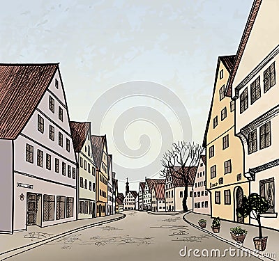 Pedestrian cozy street in perspective. Vector Illustration