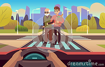 Pedestrian crossing. Elderly care, people cross road on street, car inside, drivers hands on wheel panel, observing Vector Illustration