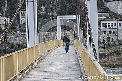 Pedestrian Crossing Suspension bridge, Berat, Albania Editorial Stock Photo