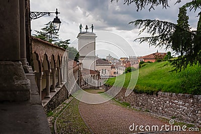 Udine - Pedestrian path along renaissance Venetian gothic style arcade leading to castle of Udine Stock Photo