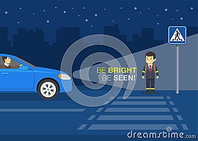 Pedestrian road safety rules. Boy about to cross the road at night. Young pedestrian wearing reflective braceletes. Vector Illustration