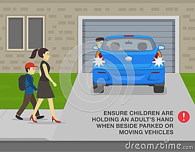 Ensure children are holding an adult's hand when beside parked or moving vehicles. Car is moving reverse in the driveway. Vector Illustration