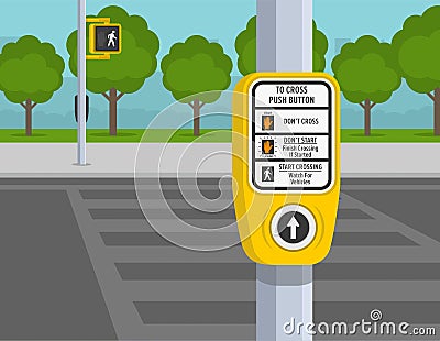 Pedestrian walk traffic light switch, street crossing instructions and crosswalk. Vector Illustration
