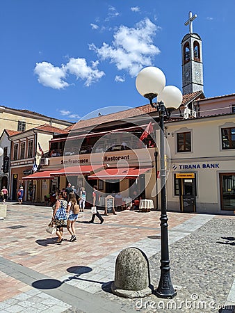 Pedestrian street and commercial street in Shkoder, northern Albania. Editorial Stock Photo