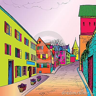 Pedestrian street in old town. Sketch perspective. Vector Illustration