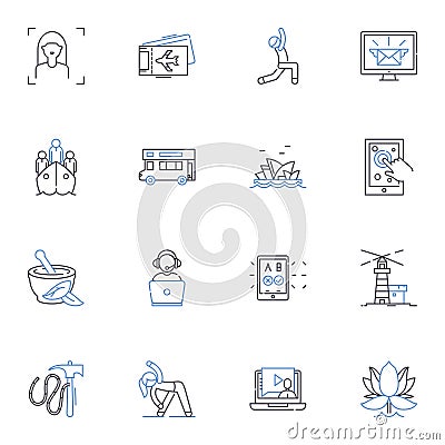 Pedestrian tourism line icons collection. Walking, Sightseeing, Exploring, Trekking, Strolling, Hiking, Roaming vector Vector Illustration