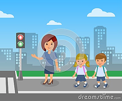 Pedestrian traffic light. The teacher shows and explains the rules of road safety for children pupils Vector Illustration