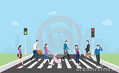 Pedestrian walk cross street with team people and traffic light and city background with modern flat style - vector Cartoon Illustration