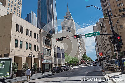 Pedestrian walking along Browder street in downtown Dallas, Texas Editorial Stock Photo