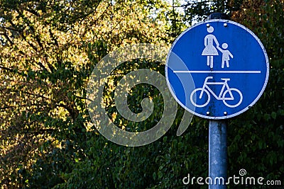 Pedestrian Walking Zone Sign Mother Bicycle Blue Traffic European Stock Photo