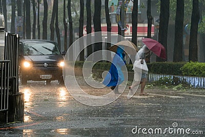 Pedestrians crossing street during Typhoon Megi Editorial Stock Photo
