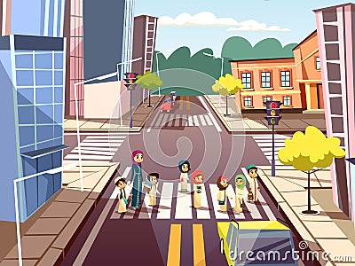 Street pedestrians vector cartoon illustration of Arab Muslim mother with children crossing road on traffic light Vector Illustration