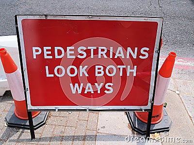 Pedestrians Look Both Ways, Street Works Warning Sign Stock Photo