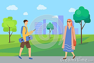 Man and Woman Going in Park, Pedestrians Vector Vector Illustration