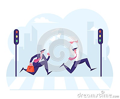 Pedestrians Passing Crosswalk. Rush Hour in City. People Rushing to Work. Busy Businessmen Holding Heap of Paper Vector Illustration