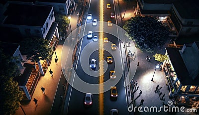 Pedestrians on the street, cars on the road. City top view, night scene. Cartoon Illustration