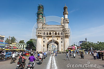 Pedestrians walking at Charminar street of Hyderabad with background of Charminar, which is a monument and mosque Editorial Stock Photo