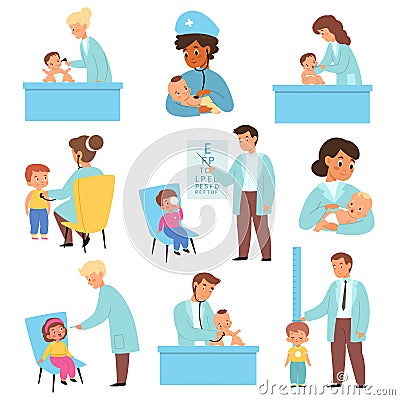 Pediatric baby examination. Kids healthcare. Children at doctors appointment. Physician or nurse with stethoscope conduct checkup Vector Illustration