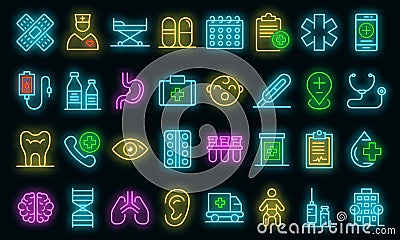 Pediatric clinic icons set vector neon Vector Illustration