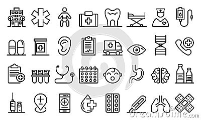 Pediatric clinic icons set, outline style Vector Illustration