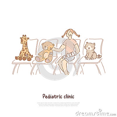 Pediatric clinic, traumatology, child playing doctor role game, girl at hospital queue, soft animal toys banner Vector Illustration
