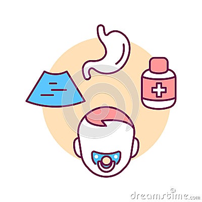 Pediatric gastroenterology color line icon. Check and treatment gastric tract in children. Pictogram for web page, mobile app, Vector Illustration