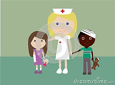 Pediatric nurse and 2 injured children Cartoon Illustration