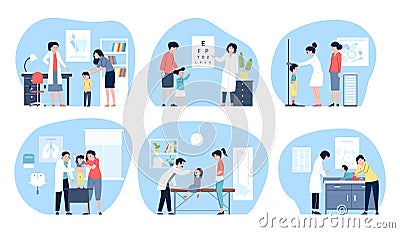 Pediatrician. Children medical examination, check up on doctors and nurses. Flat kids with mothers in hospital Cartoon Illustration