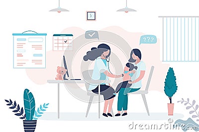 Pediatrician doctor listens to a child girl with stethoscope. Mother with daughter and female medical specialist or nurse Vector Illustration