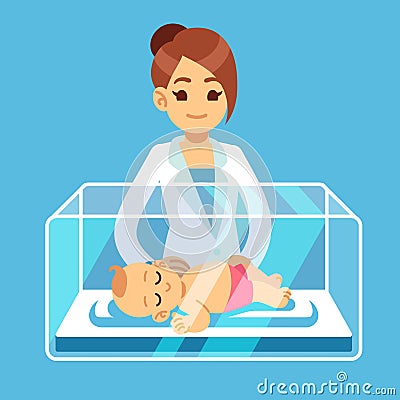 Pediatrician doctor and little newborn baby inside incubator box in hospital. Neonatal, prematurity, child care medical Vector Illustration