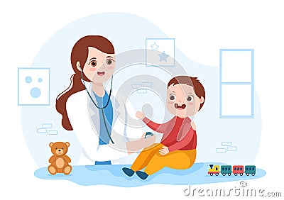 Pediatrician Examines Sick Kids and Baby for Medical Development, Vaccination and Treatment in Cartoon Hand Drawn Illustration Vector Illustration