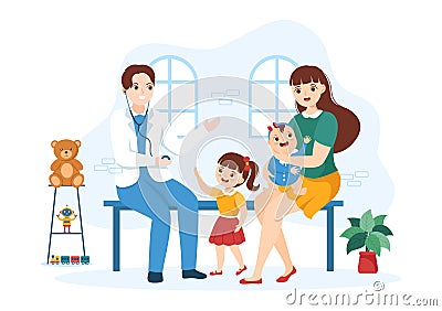 Pediatrician Examines Sick Kids and Baby for Medical Development, Vaccination and Treatment in Cartoon Hand Drawn Illustration Vector Illustration