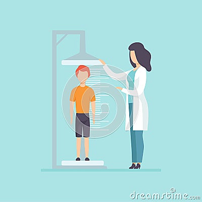 Pediatrician examining a boy in a medical office, doctor measuring the growth of a child, medical treatment and Vector Illustration