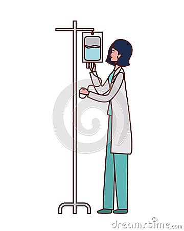 Pediatrician female doctor with liquid bag hanging Vector Illustration