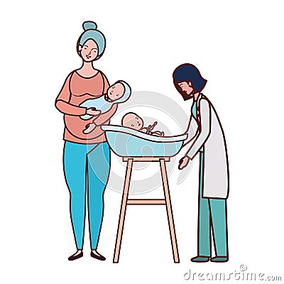 Pediatrician female doctor with mom and babies Vector Illustration