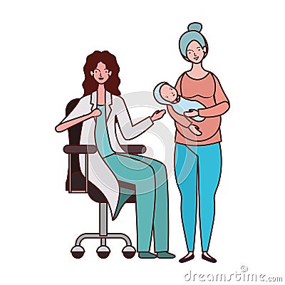 Pediatrician female doctor with mom and baby Vector Illustration