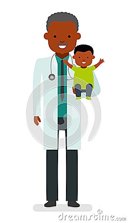 Pediatrician man holds a healthy cheerful baby. Children`s doctor. African Americans people. Vector Illustration