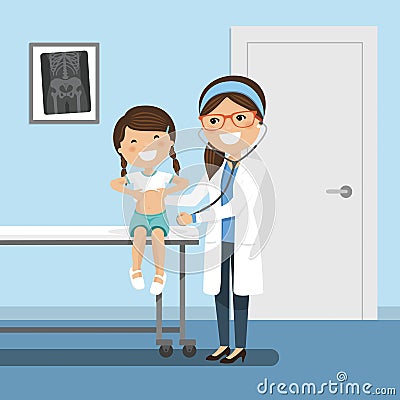 Pediatrician woman doctor examining a happy little girl Cartoon Illustration