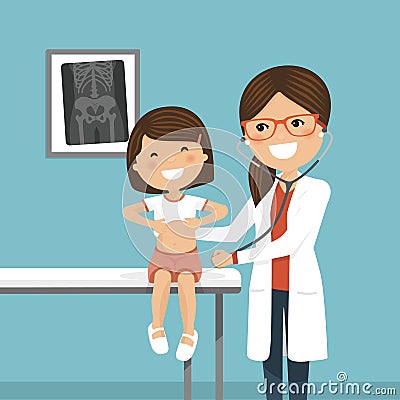 Pediatrician woman doctor examining a little girl Vector Illustration