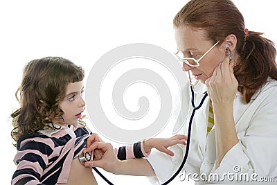 Pediatrician woman doctor stethoscope girl Stock Photo