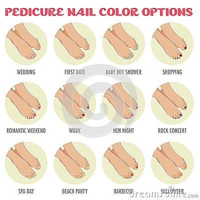 Pedicure nail color options Vector Illustration