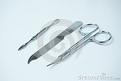 Pedicure Set scissors and nail file isolated on white background Stock Photo