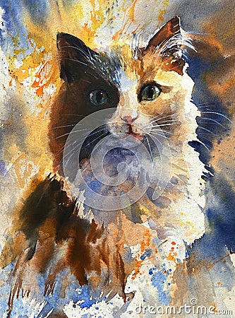 A pedigreed furry pet, red cat with white spots on a gentle background. Soft watercolor on textured paper Stock Photo