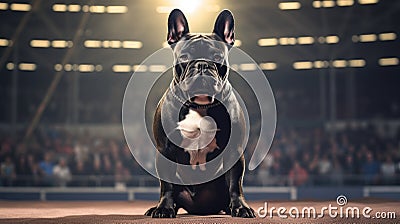 Pedigreed purebred French bulldog dog at exhibition of purebred dogs. Black color. Dog show. Animal exhibition Stock Photo